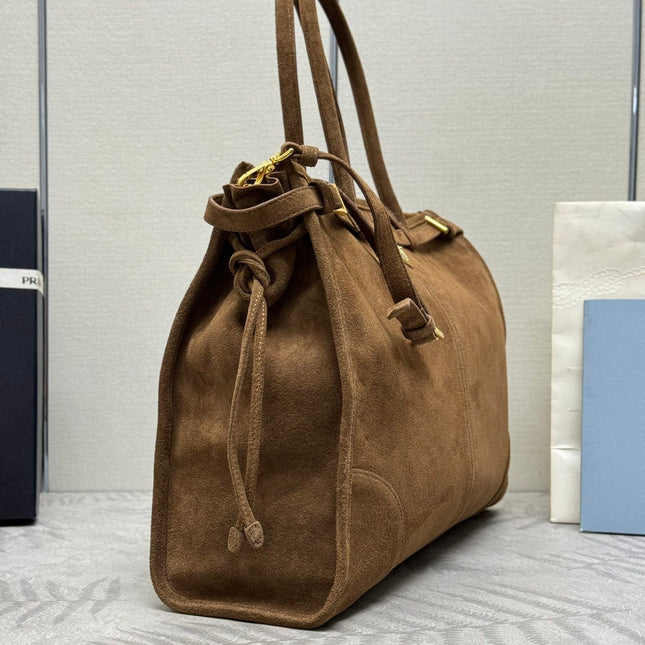 TOTE BAG WITH BELT 42 IN RUSSET BROWN SUEDE GOLD HARDWARE