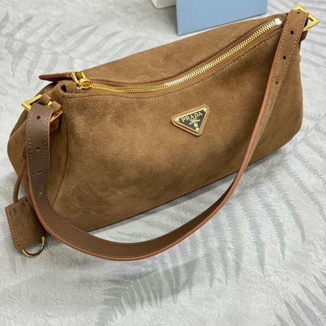 PRADA 25S AIMEE MEDIUM SHOULDER BAG 31 IN BROWN SUEDE