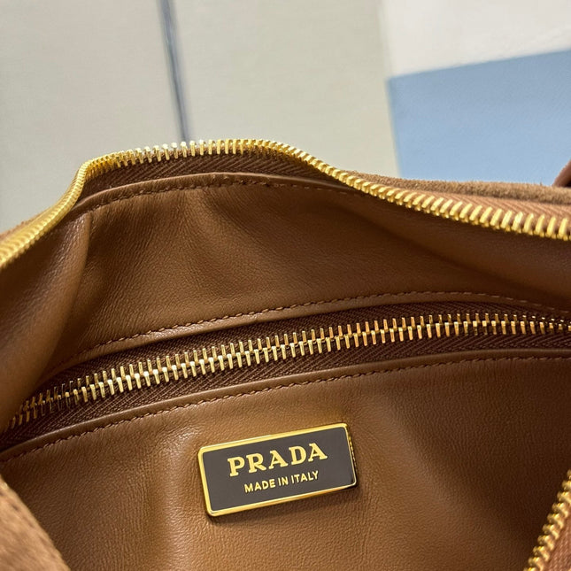 PRADA 25S AIMEE MEDIUM SHOULDER BAG 31 IN BROWN SUEDE