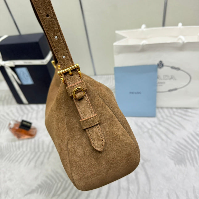 PRADA 25S AIMEE MEDIUM SHOULDER BAG 31 IN BROWN SUEDE