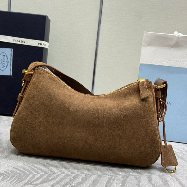 PRADA 25S AIMEE MEDIUM SHOULDER BAG 31 IN BROWN SUEDE