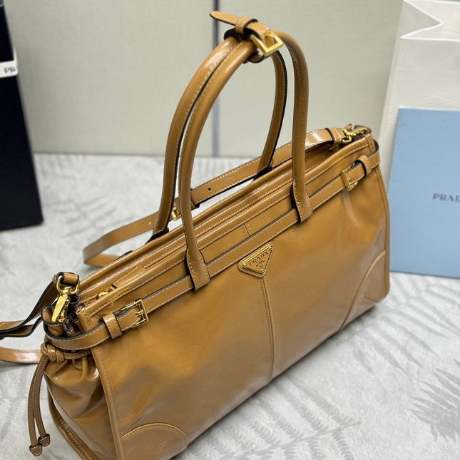 PRADA 25S BONNIE LARGE HANDBAG 38 IN GOLDEN BROWN CALFSKIN GOLD HARDWRE