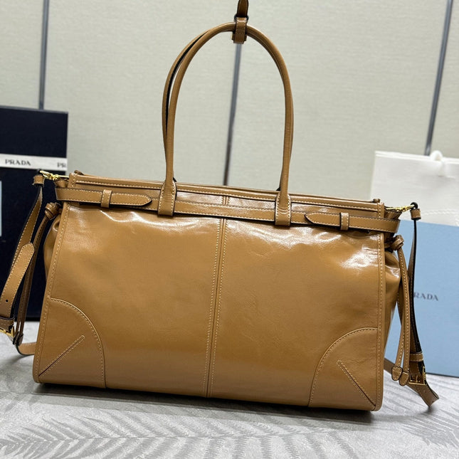 PRADA 25S BONNIE LARGE HANDBAG 38 IN GOLDEN BROWN CALFSKIN GOLD HARDWRE