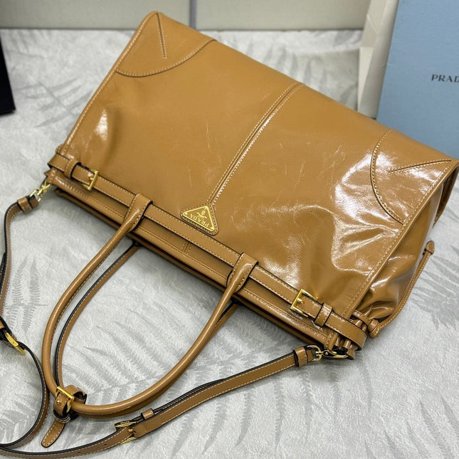 PRADA 25S BONNIE LARGE HANDBAG 38 IN GOLDEN BROWN CALFSKIN GOLD HARDWRE