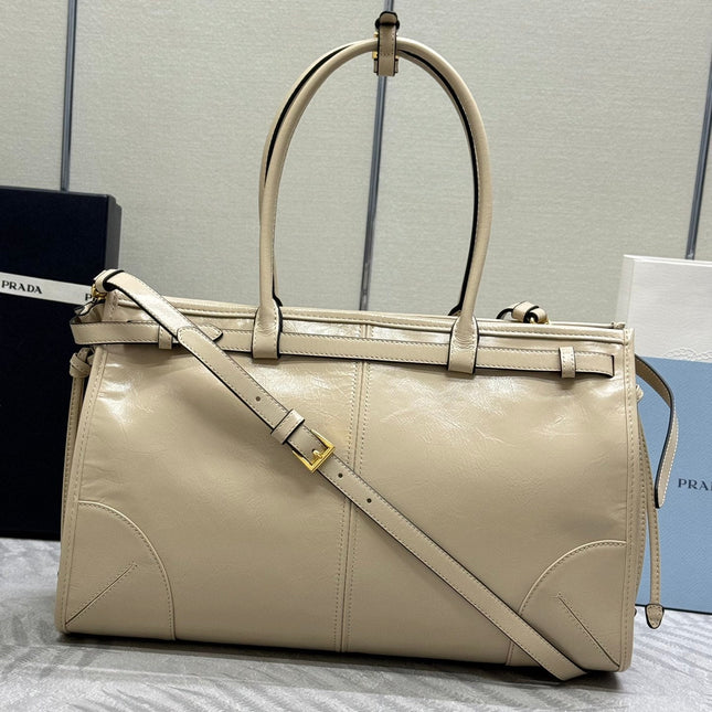 PRADA 25S BONNIE LARGE HANDBAG 38 IN BEIGE CALFSKIN GOLD HARDWRE