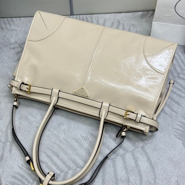PRADA 25S BONNIE LARGE HANDBAG 38 IN BEIGE CALFSKIN GOLD HARDWRE