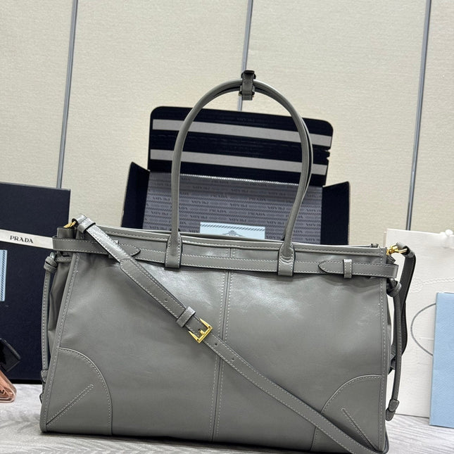 PRADA 25S BONNIE LARGE HANDBAG 38 IN GRAY GLOSSY CALFSKIN GOLD HARDWRE