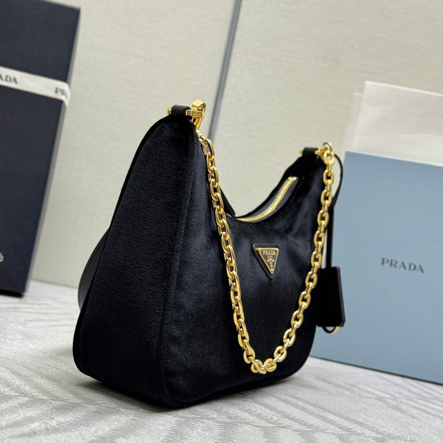 PRADA 25S MINI HOBO BAG 23 IN BLACK VELVET GOLD HARDWRE