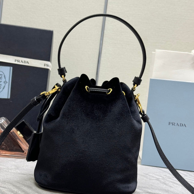PRADA 25S BUCKET BAG 19 IN BLACK VELVET GOLD HARDWRE