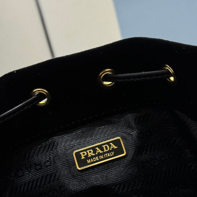 PRADA 25S BUCKET BAG 19 IN BLACK VELVET GOLD HARDWRE