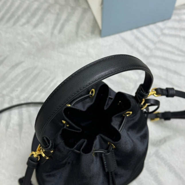 PRADA 25S BUCKET BAG 19 IN BLACK VELVET GOLD HARDWRE