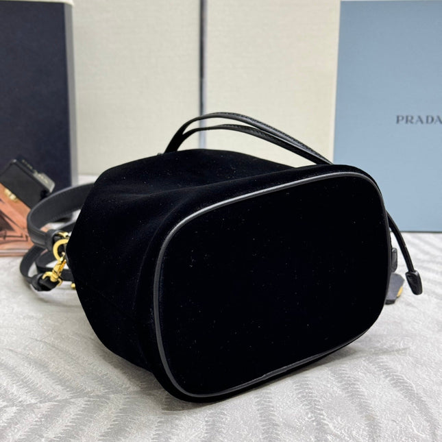 PRADA 25S BUCKET BAG 19 IN BLACK VELVET GOLD HARDWRE