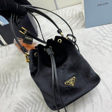 PRADA 25S BUCKET BAG 19 IN BLACK VELVET GOLD HARDWRE