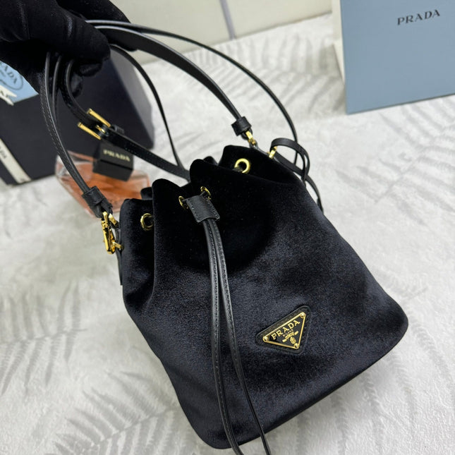 PRADA 25S BUCKET BAG 19 IN BLACK VELVET GOLD HARDWRE