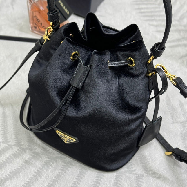 PRADA 25S BUCKET BAG 19 IN BLACK VELVET GOLD HARDWRE