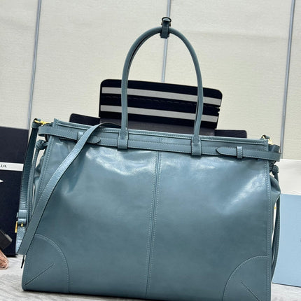 PRADA 25S LUX SOFT BAG 42 IN BLUE GLOSSY CALFSKIN GOLD HARDWRE
