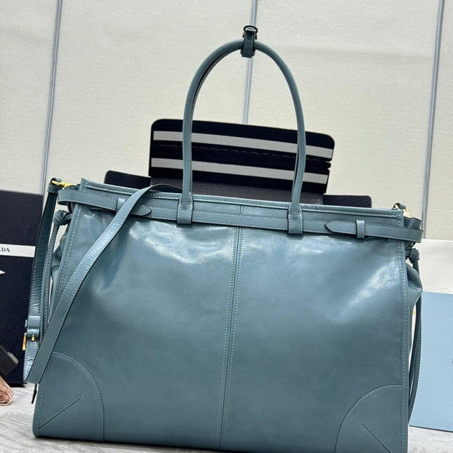 PRADA 25S LUX SOFT BAG 42 IN BLUE GLOSSY CALFSKIN GOLD HARDWRE