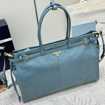 PRADA 25S LUX SOFT BAG 42 IN BLUE GLOSSY CALFSKIN GOLD HARDWRE