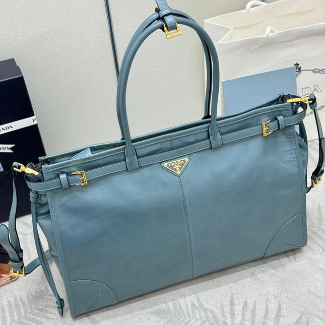 PRADA 25S LUX SOFT BAG 42 IN BLUE GLOSSY CALFSKIN GOLD HARDWRE