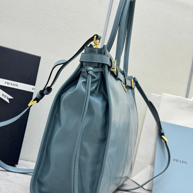 PRADA 25S LUX SOFT BAG 42 IN BLUE GLOSSY CALFSKIN GOLD HARDWRE