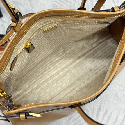 PRADA 25S LUX SOFT BAG 42 IN CARAMEL GLOSSY CALFSKIN GOLD HARDWRE