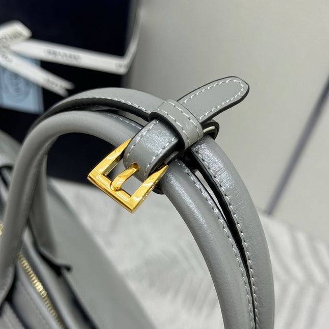 PRADA 25S LUX SOFT BAG 42 IN GRAY GLOSSY CALFSKIN GOLD HARDWRE