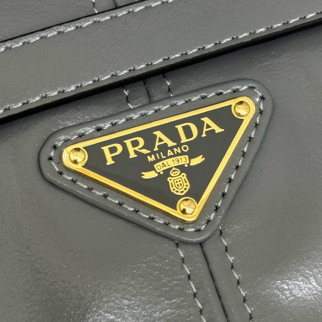 PRADA 25S LUX SOFT BAG 42 IN GRAY GLOSSY CALFSKIN GOLD HARDWRE