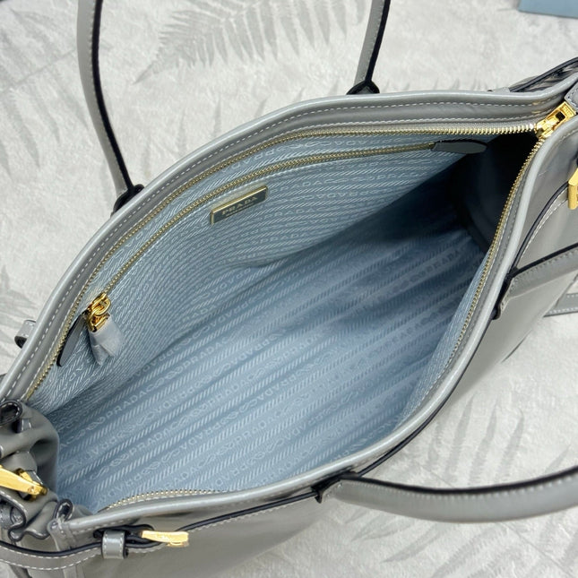 PRADA 25S LUX SOFT BAG 42 IN GRAY GLOSSY CALFSKIN GOLD HARDWRE