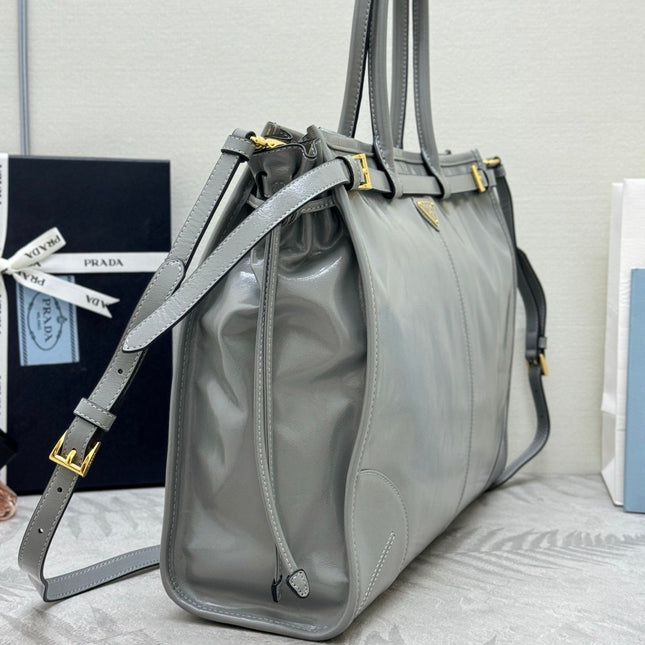 PRADA 25S LUX SOFT BAG 42 IN GRAY GLOSSY CALFSKIN GOLD HARDWRE