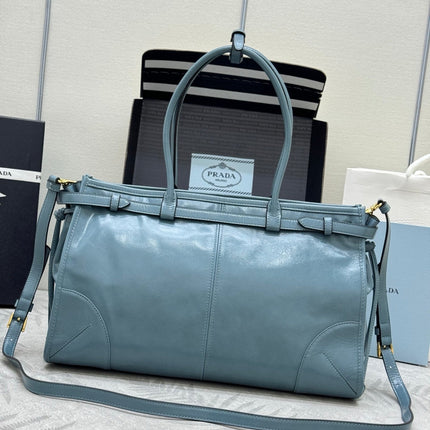 PRADA 25S BONNIE LARGE HANDBAG 38 IN LIGHT BLUE GLOSSY CALFSKIN GOLD HARDWRE
