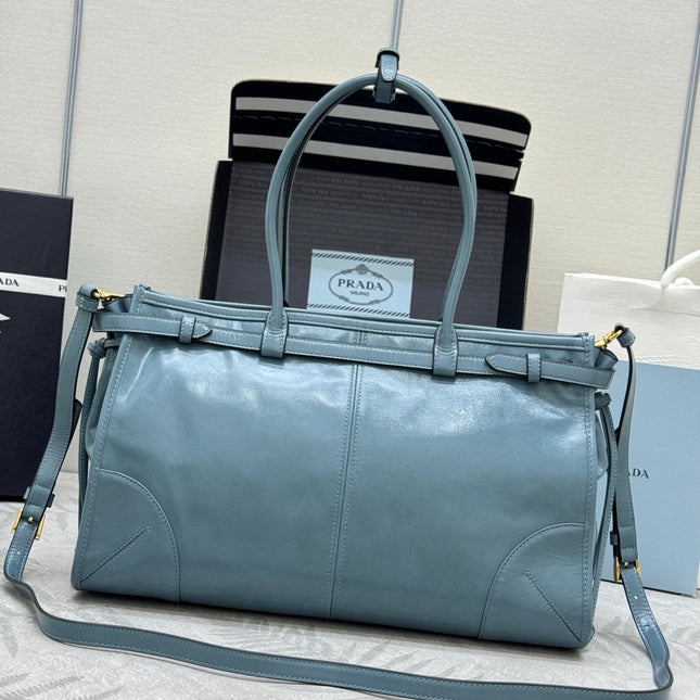 PRADA 25S BONNIE LARGE HANDBAG 38 IN LIGHT BLUE GLOSSY CALFSKIN GOLD HARDWRE