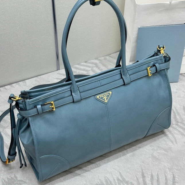 PRADA 25S BONNIE LARGE HANDBAG 38 IN LIGHT BLUE GLOSSY CALFSKIN GOLD HARDWRE