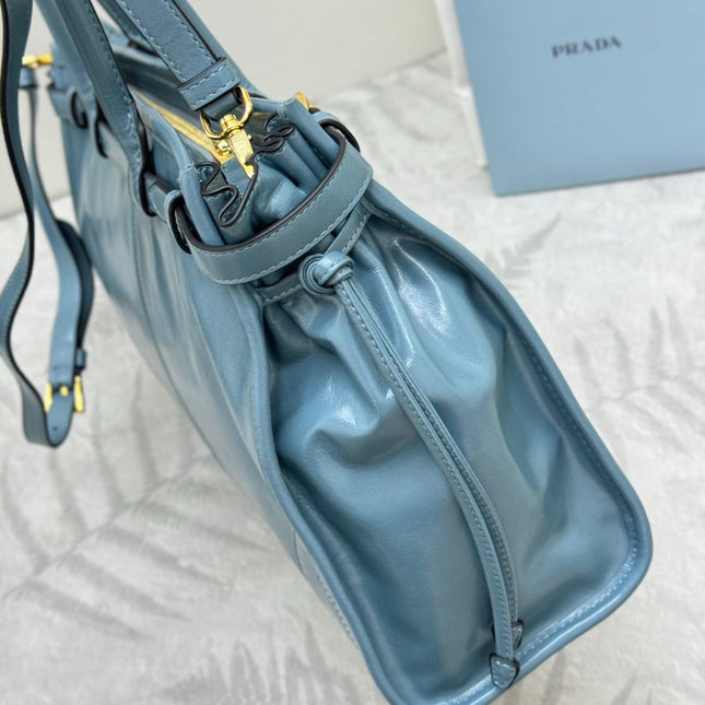 PRADA 25S BONNIE LARGE HANDBAG 38 IN LIGHT BLUE GLOSSY CALFSKIN GOLD HARDWRE