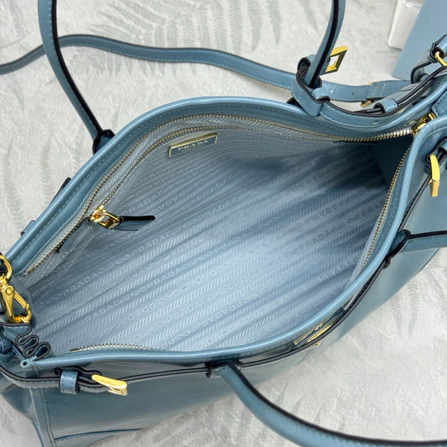 PRADA 25S BONNIE LARGE HANDBAG 38 IN LIGHT BLUE GLOSSY CALFSKIN GOLD HARDWRE