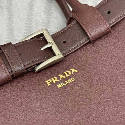 PRADA 25S BUCKLE SMALL HANDBAG 32 IN RICH BROWN CALFSKIN GOLD HARDWRE