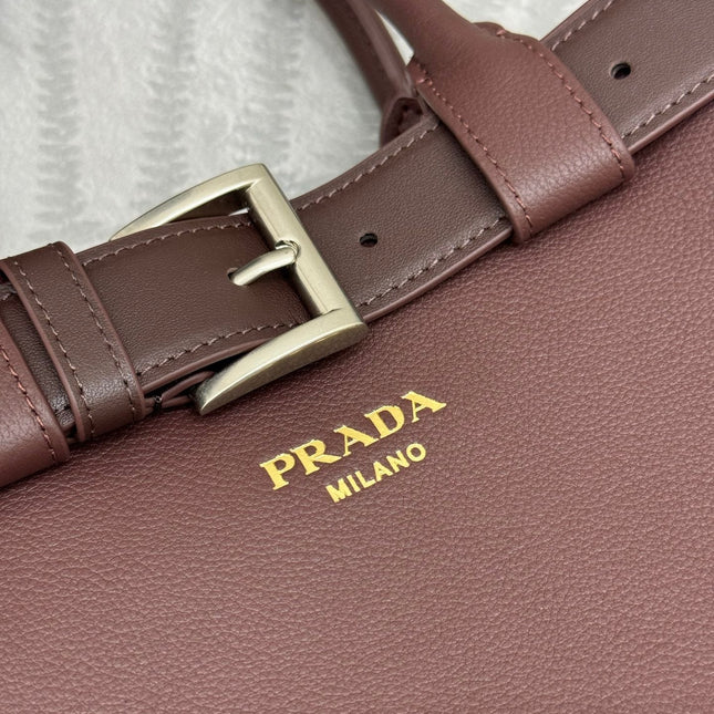 PRADA 25S BUCKLE SMALL HANDBAG 32 IN RICH BROWN CALFSKIN GOLD HARDWRE