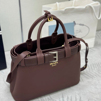 PRADA 25S BUCKLE SMALL HANDBAG 32 IN RICH BROWN CALFSKIN GOLD HARDWRE