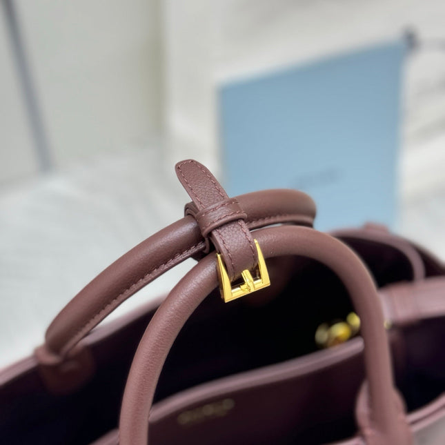 PRADA 25S BUCKLE SMALL HANDBAG 32 IN RICH BROWN CALFSKIN GOLD HARDWRE