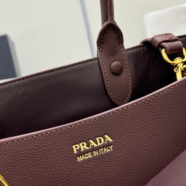 PRADA 25S BUCKLE SMALL HANDBAG 32 IN RICH BROWN CALFSKIN GOLD HARDWRE