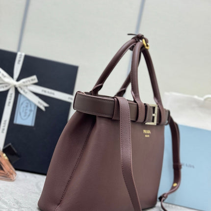 PRADA 25S BUCKLE SMALL HANDBAG 32 IN RICH BROWN CALFSKIN GOLD HARDWRE