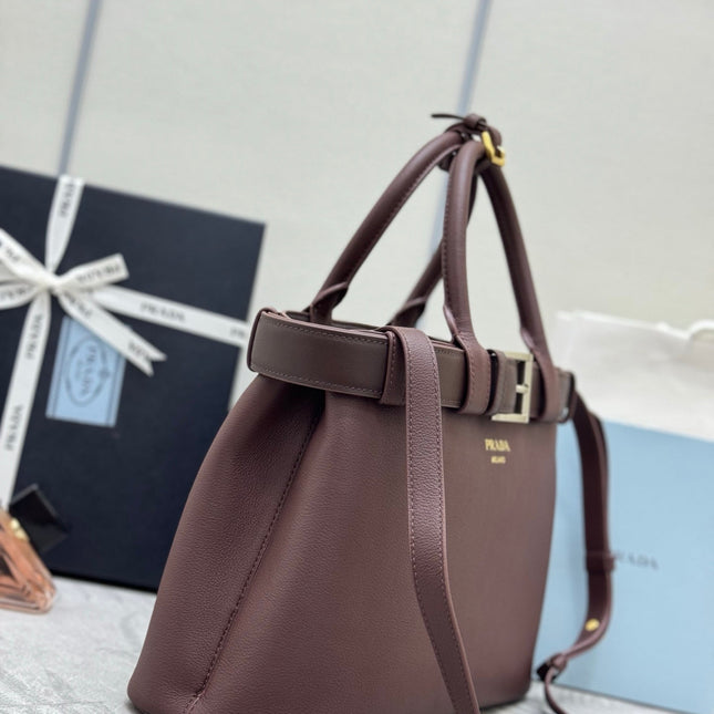 PRADA 25S BUCKLE SMALL HANDBAG 32 IN RICH BROWN CALFSKIN GOLD HARDWRE