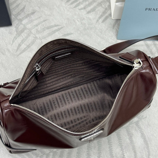 PRADA 25S SHOULDER BAG 35 IN DARK BROWN CALFSKIN SILVER HARDWRE