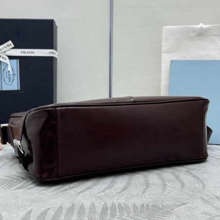 PRADA 25S SHOULDER BAG 35 IN DARK BROWN CALFSKIN SILVER HARDWRE