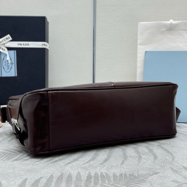 PRADA 25S SHOULDER BAG 35 IN DARK BROWN CALFSKIN SILVER HARDWRE