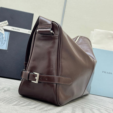 PRADA 25S SHOULDER BAG 35 IN DARK BROWN CALFSKIN SILVER HARDWRE