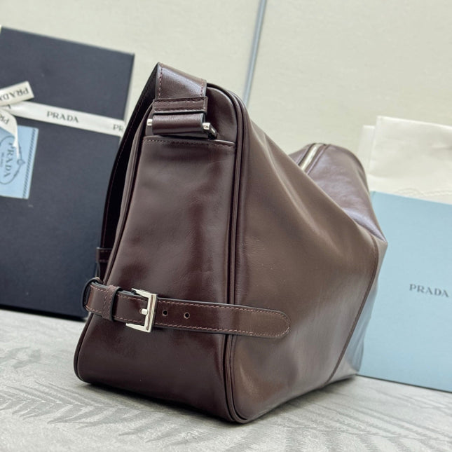 PRADA 25S SHOULDER BAG 35 IN DARK BROWN CALFSKIN SILVER HARDWRE
