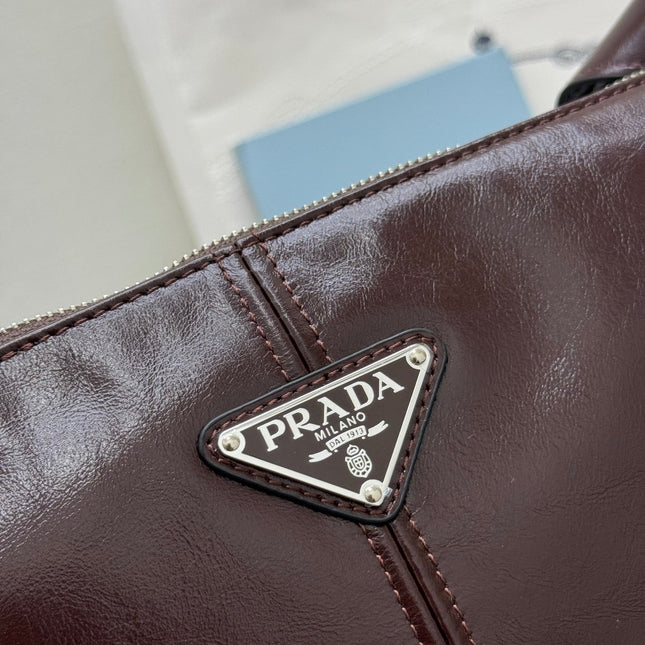 PRADA 25S SHOULDER BAG 35 IN DARK BROWN CALFSKIN SILVER HARDWRE