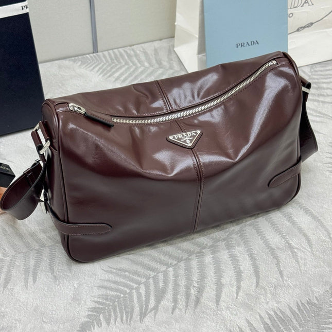 PRADA 25S SHOULDER BAG 35 IN DARK BROWN CALFSKIN SILVER HARDWRE