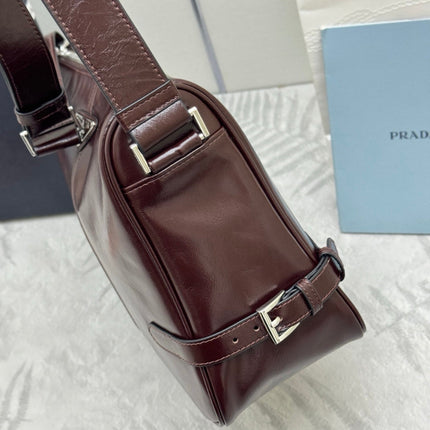 PRADA 25S SHOULDER BAG 35 IN DARK BROWN CALFSKIN SILVER HARDWRE
