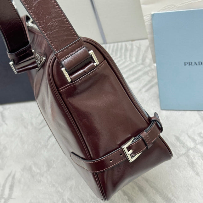 PRADA 25S SHOULDER BAG 35 IN DARK BROWN CALFSKIN SILVER HARDWRE